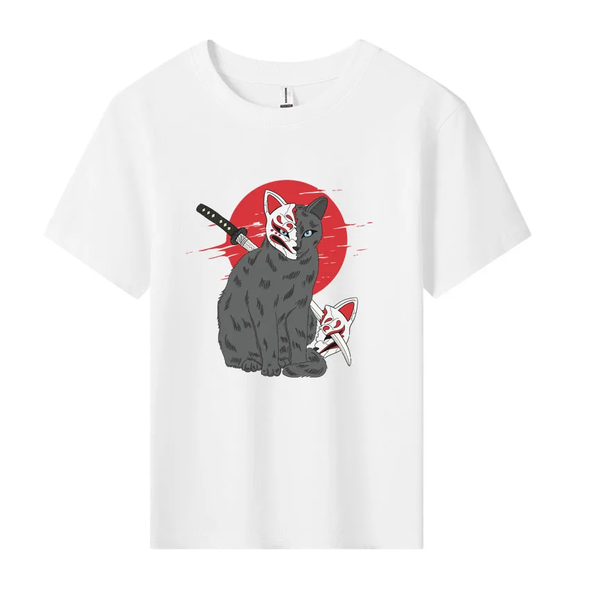 Summer Short Sleeve Kid T-shirt Sunshine Boys Girls Tops Japanese style Cat Martial Arts Knife Print Tshirt Cute Children's Tee