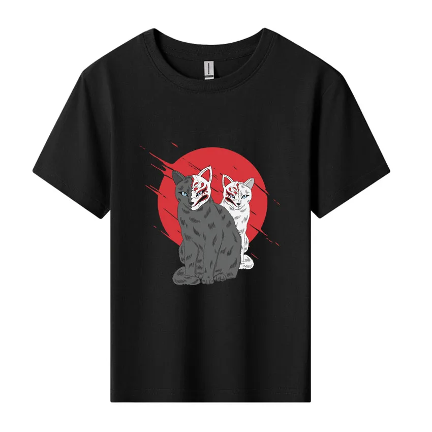 Summer Short Sleeve Kid T-shirt Sunshine Boys Girls Tops Japanese style Cat Martial Arts Knife Print Tshirt Cute Children's Tee - Image 2