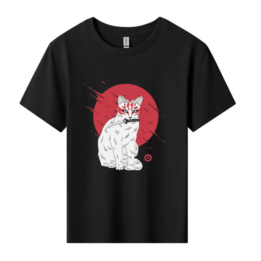 Summer Short Sleeve Kid T-shirt Sunshine Boys Girls Tops Japanese style Cat Martial Arts Knife Print Tshirt Cute Children's Tee - Image 3
